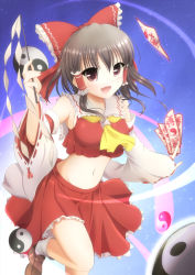 Rule 34 | 1girl, :d, ascot, bare shoulders, bow, brown eyes, brown hair, detached sleeves, frilled skirt, frills, gohei, hair bow, hair ribbon, hair tubes, hakurei reimu, japanese clothes, kurokaze no sora, large bow, loafers, looking at viewer, midriff, navel, no bra, ofuda, open mouth, red shirt, red skirt, ribbon, shirt, shoes, skirt, sky, smile, solo, star (sky), starry sky, touhou, wide sleeves, yin yang