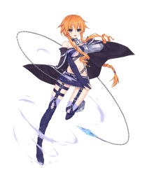 Rule 34 | 1girl, absurdres, bare shoulders, belt, black footwear, blue eyes, boots, braid, breasts, bridal gauntlets, bustier, cape, chain, date a live, drill hair, frown, full body, grey thighhighs, hair between eyes, highres, long hair, looking at viewer, medium breasts, miniskirt, navel, neps-l, open mouth, orange hair, sidelocks, simple background, single braid, skirt, solo, strapless, tachi-e, thigh boots, thighhighs, underbust, very long hair, weapon, white background, wind, yamai yuzuru