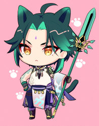 Rule 34 | 1boy, animal ears, arm tattoo, bead necklace, beads, black hair, cat ears, chibi, closed mouth, genshin impact, gloves, green hair, highres, holding, jewelry, kisekisaki, long hair, male focus, multicolored hair, multiple boys, necklace, pink background, simple background, solo, tassel, tattoo, xiao (genshin impact), yellow eyes
