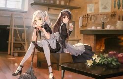 Rule 34 | 2girls, absurdres, ankle strap, apple, apron, black footwear, blunt bangs, bowl, brown hair, character request, cup, elf, fern (sousou no frieren), fireplace, flower, food, frieren, fruit, frying pan, green eyes, high heels, highres, holding, holding cup, kitchen, lily (flower), long hair, looking at viewer, luvents3, maid, maid apron, maid headdress, mop, multiple girls, pantyhose, parted bangs, plate, pointy ears, sidelocks, sitting, sousou no frieren, table, teacup, thick eyebrows, twintails, white hair, white pantyhose, window, wooden floor, wristband