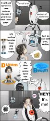 Rule 34 | 1girl, 4koma, aged down, alternate language, aperture science handheld portal device, black hair, blue eyes, cheese, chell, comic, flash gordon, food, hard-translated, heart, laser, music, musical note, portal, portal (series), portal 1, portal 2, queen (band), robot, singing, spoken heart, swiss cheese, third-party edit, translated, sentry turret (portal), uotapo, wheatley