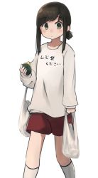 Rule 34 | 1girl, absurdres, bag, black hair, blush, clothes writing, collarbone, feet out of frame, fubuki (kancolle), green eyes, highres, holding, holding bag, kantai collection, kneehighs, long sleeves, ma rukan, plastic bag, red shorts, shirt, short hair, short ponytail, shorts, signature, simple background, socks, solo, wallet, white background, white socks, white shirt