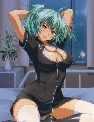 Rule 34 | 1girl, alternate costume, aqua hair, arms up, black footwear, black shirt, boots, breasts, cleavage, collared shirt, dress shirt, green eyes, hair between eyes, head tilt, ikkitousen, indoors, infirmary, knee boots, large breasts, long hair, looking at viewer, open mouth, ryofu housen, shirt, short sleeves, solo, stethoscope, thighhighs, twintails, white thighhighs, wing collar