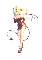 Rule 34 | 1girl, absurdres, bare shoulders, belt, blonde hair, breasts, clothes lift, detached collar, dress, dress lift, fang, flandre scarlet, full body, hair ornament, high heels, highres, horns, jewelry, laevatein (tail), lifted by self, long hair, long sleeves, looking at viewer, medium breasts, nail polish, off-shoulder dress, off shoulder, open mouth, panties, pendant, pointy ears, pouch, red dress, red eyes, red footwear, red nails, seelehan, shoes, side ponytail, simple background, skin fang, solo, standing, string panties, tail, thighhighs, touhou, underwear, white background, white thighhighs, wings