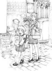 Rule 34 | 2girls, alice margatroid, alice margatroid (pc-98), alternate costume, blazer, cafe, cobblestone, contemporary, female focus, formal, graphite (medium), greyscale, high heels, jacket, loafers, menu board, miniskirt, monochrome, mother and daughter, multiple girls, mystic square, one side up, pavement, pleated skirt, school uniform, shinki (touhou), shoes, skirt, touhou, touhou (pc-98), traditional media, wizneko