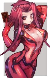 Rule 34 | 1girl, bodysuit, breasts, brown eyes, card, cleavage, dakusuta, gloves, highres, izayoi aki, large breasts, official alternate costume, pilot suit, red bodysuit, red hair, solo, two-tone background, yu-gi-oh!, yu-gi-oh! 5d&#039;s