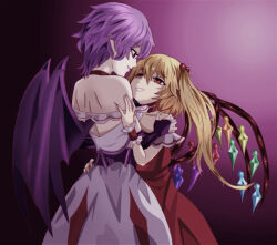 Rule 34 | 2girls, bare shoulders, bat wings, black gloves, blonde hair, commentary request, crystal, crystal wings, detached collar, dress, eye contact, face-to-face, fingerless gloves, flandre scarlet, gloves, hair between eyes, holding another&#039;s arm, long hair, looking at another, merihari07, multiple girls, open mouth, pink dress, pointy ears, ponytail, purple hair, red dress, red eyes, remilia scarlet, short hair, siblings, sisters, smile, strapless, strapless dress, touhou, wings, wrist cuffs, yuri