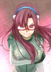 Rule 34 | 00s, 1girl, bad id, bad pixiv id, breast hold, breasts, evangelion: 2.0 you can (not) advance, glasses, hairband, large breasts, long hair, makinami mari illustrious, mamepon, neon genesis evangelion, opaque glasses, pink eyes, plugsuit, purple hair, rebuild of evangelion, smile, solo, twintails