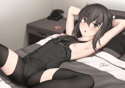 Rule 34 | 1girl, aircraft, airplane, antique phone, armpits, arms behind head, arms up, bike shorts, black shorts, black thighhighs, brown eyes, brown hair, driftkingtw, flat chest, headband, headgear, kantai collection, lying, nipples, on back, on bed, phone, rotary phone, short hair, shorts, solo, taihou (kancolle), thighhighs