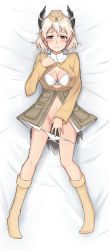 Rule 34 | 1girl, animal ears, bad id, bad pixiv id, bed sheet, blonde hair, blue eyes, blush, bra, dakimakura (medium), full body, hat, head wings, highres, lingerie, lying, military, military uniform, open clothes, open shirt, panties, panty pull, raisa pottgen, shirt, short hair, solo, strike witches, sweatdrop, tail, ulrich (tagaragakuin), underwear, uniform, wings, witches of africa, world witches series