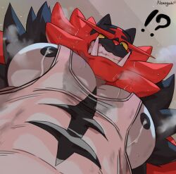 Rule 34 | !?, 1boy, absurdres, bara, black hair, cat boy, colored sclera, covered abs, creatures (company), foreshortening, from below, frown, furrification, furry, furry male, game freak, gen 7 pokemon, green eyes, highres, incineroar, large pectorals, looking at viewer, looking down, male focus, meme, muscular, muscular male, nekogaki (nekogaki0324), nintendo, nipple slip, nipples, pectoral cleavage, pectorals, photo-referenced, pokemon, sharp teeth, short hair, sidepec, solo, sweat, sweaty clothes, tank top, teeth, thick eyebrows, tusks, uneven eyes, upper body, very sweaty, white tank top, yellow sclera, yur oc like this (meme)