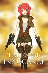 Rule 34 | 1girl, alfa system, alternate costume, boots, buzz (moi), capcom, copyright name, cross-laced footwear, crossover, dual wielding, gun, hands on own hips, holding, iria animi, lace-up boots, machine pistol, namco, open clothes, open shirt, parody, red hair, resident evil, scarf, shirt, short hair, solo, tales of (series), tales of innocence, thighhighs, weapon, yellow background