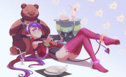 Rule 34 | 1girl, anklet, arms up, bare shoulders, barefoot, black bow, blue bracelet, blue nails, blush, borrowed character, bow, bracelet, cake, cake slice, closed mouth, colored skin, cup, demon tail, dnaitari, drinking glass, drinking straw, earrings, eyelashes, closed eyes, eyeshadow, fake horns, fingernails, food, fork, fruit, gag, gagged, gem, green bracelet, green gemstone, green nails, grey hairband, grey horns, hairband, handheld game console, heart, highres, holding, holding tray, horns, jewelry, long eyelashes, long fingernails, long hair, looking at viewer, lying, makeup, multicolored hair, nail polish, o-ring, on back, original, patterned, patterned background, pink eyeshadow, pink nails, plate, pout, purple hair, purple skin, purple tail, red hair, single bare shoulder, single earring, star (symbol), strawberry, stuffed animal, stuffed toy, tail, teddy bear, tray, turtleneck, two-tone hair, very long hair