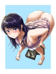 Rule 34 | 1girl, armpits, ass, bare shoulders, bent over, blue background, blue eyes, blush, box, breasts, cleavage, closed mouth, dress, full body, large breasts, long hair, looking at viewer, original, panties, panty pull, pulled by self, purple hair, removing panties, sandals, shiina nami, simple background, solo, sweat, toenails, toes, underwear, white panties