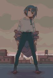 Rule 34 | 1other, androgynous, black pants, black socks, blue hair, braid, closed mouth, cloud, cloudy sky, commentary request, earrings, expressionless, full body, grey sky, highres, jacket, jewelry, legs apart, long hair, looking at viewer, muji (uimss), nijisanji, off shoulder, on roof, outdoors, pants, purple eyes, purple footwear, purple jacket, ryuushen, shirt, shirt tucked in, single braid, sky, socks, solo, standing, virtual youtuber, white shirt