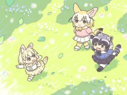Rule 34 | 3girls, animal ears, black hair, black skirt, blonde hair, blush, bow, bowtie, brown eyes, commentary request, common raccoon (kemono friends), extra ears, fennec (kemono friends), fox ears, from above, fur collar, gloves, grass, grey hair, kemono friends, kemono friends 3, kuro shiro (kuro96siro46), leaf, looking at another, looking back, multicolored hair, multiple girls, open mouth, outdoors, pink sweater, pleated skirt, pointing, print bow, print bowtie, raccoon ears, raccoon girl, raccoon tail, serval print, short hair, short sleeves, skirt, smile, striped tail, sweater, tail, white hair, white serval (kemono friends), white skirt, yellow bow, yellow bowtie, yellow gloves, yellow skirt