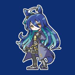 Rule 34 | 1girl, ahoge, alternate eye color, animal ears, black gloves, black pantyhose, black shirt, black skirt, blue background, blue hair, clenched hands, closed mouth, coat, full body, gloves, hair between eyes, hand up, highres, horse ears, horse girl, horse tail, long hair, long sleeves, looking at viewer, manhattan cafe (umamusume), multicolored hair, necktie, open clothes, open coat, outline, pantyhose, pixel art, shirt, shoes, simple background, skirt, solo, standing, streaked hair, tail, umamusume, white outline, yellow eyes, yellow necktie, zaidantrainer