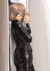 Rule 34 | 1girl, adjusting eyewear, ass, blush, bodysuit, breasts, brown eyes, cowboy shot, from behind, glasses, hand on own stomach, highres, hip bones, kilye kairi, latex, latex suit, lips, looking at viewer, mirror, original, shiny clothes, short hair, skin tight, solo, standing, twisted torso, wedgie