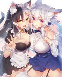 Rule 34 | :d, animal ears, apron, arm around shoulder, arm garter, asymmetrical docking, bare shoulders, bell, black dress, black hair, blue dress, blush, breast press, breasts, bright pupils, cat ears, cat tail, cleavage, closed mouth, commentary request, detached collar, dress, fang, garter straps, grey hair, hand up, jingle bell, large breasts, long hair, maid, maid apron, maid headdress, multicolored hair, multiple girls, neck bell, open mouth, orange eyes, original, paw pose, pokoten (pokoten718), puffy short sleeves, puffy sleeves, purple eyes, revision, short sleeves, simple background, slit pupils, smile, split-color hair, tail, thighhighs, two-tone hair, v, waist apron, white apron, white background, white legwear, wing collar