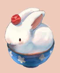 Rule 34 | animal focus, bad id, bad pixiv id, blush, bowl, rabbit, commentary request, in bowl, in container, manino (mofuritaionaka), no humans, original, pink background, red eyes, simple background, sitting, solo, whiskers
