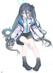 Rule 34 | 1girl, absurdres, aqua halo, aris (blue archive), black hair, black hairband, black skirt, black socks, blue archive, blue eyes, blue halo, blue necktie, closed mouth, commentary, hair between eyes, hairband, halo, highres, jacket, legs, long hair, long sleeves, looking at viewer, necktie, open clothes, open jacket, rectangular halo, shirt, side ponytail, sitting, skirt, socks, solo, tachibana shiori (suica 112), very long hair, white jacket, white shirt