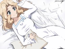 Rule 34 | 10s, 1girl, artist name, bed, blonde hair, blue eyes, bukkuri, closed mouth, dated, dress, from above, girls und panzer, hair intakes, kay (girls und panzer), long hair, looking at viewer, lying, on back, pajamas, pillow, signature, smile, solo, white dress