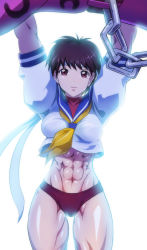 Rule 34 | 1girl, breasts, brown hair, closed mouth, covered collarbone, headband, hugo andore, kasugano sakura, looking at viewer, medium breasts, muscular, muscular female, navel, red eyes, school uniform, serafuku, shiny skin, shopyun, short hair, simple background, solo focus, street fighter, thick thighs, thighs, white background