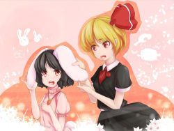 Rule 34 | 2girls, animal ears, bad id, bad pixiv id, black hair, blonde hair, boned meat, carrot, dress, grabbing another&#039;s ear, fangs, female focus, flower, food, furim, grass, hair ribbon, hand on another&#039;s ear, high collar, inaba tewi, jewelry, looking at another, looking at viewer, meat, multiple girls, open mouth, outline, pendant, pink background, puffy short sleeves, puffy sleeves, rabbit, rabbit ears, red eyes, ribbon, rumia, short hair, short sleeves, skirt, skirt set, slit pupils, touhou
