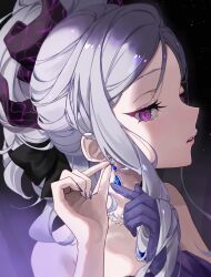 Rule 34 | 1girl, absurdres, bare shoulders, black horns, black ribbon, blue archive, curled horns, earrings, gloves, gradient background, hair ribbon, highres, hina (blue archive), hina (dress) (blue archive), horns, jewelry, looking at viewer, official alternate costume, official alternate hairstyle, open mouth, parted bangs, purple background, purple eyes, purple gloves, ribbon, shupami, sideways glance, single glove, slit pupils, solo, updo, white hair