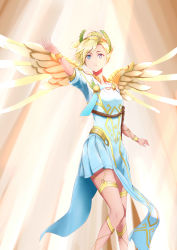 Rule 34 | 1girl, 1u2d, absurdres, ancient greek clothes, arm up, bad id, bad pixiv id, blonde hair, blue eyes, breasts, brown background, chiton, cowboy shot, dress, facing viewer, glowing, glowing wings, greco-roman clothes, head wreath, high ponytail, highres, knees together feet apart, laurel crown, light rays, looking up, mechanical wings, mercy (overwatch), official alternate costume, overwatch, overwatch 1, pelvic curtain, peplos, pleated dress, short hair, short sleeves, small breasts, solo, spread wings, standing, sunlight, toga, white dress, winged victory mercy, wings, yellow wings