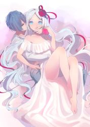 Rule 34 | 1boy, 1girl, :o, apple, artist name, bare shoulders, barefoot, belt, blue hair, blue nails, blush, collarbone, collared shirt, dress, feet, flower, food, fruit, girl on top, gradient background, green eyes, hair flower, hair ornament, hair ribbon, half-closed eyes, hatsune miku, hetero, highres, holding, holding food, holding fruit, hug, hug from behind, kaito (vocaloid), legs together, long hair, long legs, long sleeves, marmaladica, nail polish, off-shoulder dress, off shoulder, on lap, pants, parted lips, pink background, red flower, red ribbon, red rose, ribbon, rose, see-through, shirt, simple background, sitting, sitting on lap, sitting on person, tareme, thighs, toenail polish, toenails, toes, valentine, very long hair, vocaloid, white background, white dress, white nails, white shirt