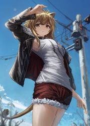 Rule 34 | 1girl, absurdres, animal ears, arknights, arm up, armpits, black jacket, blonde hair, blue sky, breasts, brown eyes, candy, commentary, cowboy shot, cutoffs, day, food, franlol, highres, holding, holding food, jacket, lion ears, lion tail, lollipop, long hair, long sleeves, looking at viewer, medium breasts, open clothes, open jacket, power lines, red shorts, short shorts, shorts, siege (arknights), sky, solo, standing, tail, tank top, thighs, white tank top