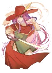 Rule 34 | absurdres, cape, faris scherwiz, final fantasy, final fantasy v, green eyes, hanaon, hat, highres, holding, holding sword, holding weapon, long hair, one eye covered, purple hair, red cape, red headwear, red mage (final fantasy), sword, weapon