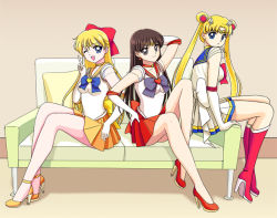 Rule 34 | 1990s (style), 3girls, aino minako, arm at side, arm behind head, arm support, arm up, back bow, bare legs, bishoujo senshi sailor moon, black eyes, black hair, blonde hair, blue bow, blue eyes, blue sailor collar, blue skirt, boots, bow, breasts, choker, closed mouth, collarbone, couch, double bun, elbow gloves, estrella, full body, gloves, hair bow, hair bun, hand on own hip, hand up, happy, high heel boots, high heels, hino rei, indoors, jewelry, knee up, knees up, long hair, looking at viewer, looking back, magical girl, medium breasts, miniskirt, multicolored clothes, multicolored skirt, multiple girls, neck, necklace, on couch, one eye closed, open mouth, orange choker, orange footwear, orange sailor collar, orange skirt, parted bangs, pleated skirt, purple bow, red bow, red choker, red footwear, red sailor collar, red skirt, retro artstyle, sailor collar, sailor mars, sailor moon, sailor venus, see-through, see-through sleeves, shadow, skirt, smile, star (symbol), star choker, star necklace, super sailor mars, super sailor moon, super sailor venus, tiara, tsukino usagi, twintails, v, very long hair, white bow, white skirt, wink, yellow bow, yellow choker