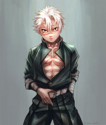 Rule 34 | 1boy, abs, akka nbe11, arm wrap, belt, black hair, closed mouth, collarbone, cowboy shot, cross scar, demon slayer uniform, frown, grey background, hair between eyes, hand in pocket, jacket, japanese clothes, kimetsu no yaiba, male focus, no coat, pants, pectorals, sanpaku, scar, scar on chest, scar on face, scar on forehead, scar on nose, shinazugawa sanemi, short hair, sleeves rolled up, solo, white hair