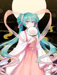 Rule 34 | 1girl, aqua eyes, aqua hair, blush, chinese clothes, chuushuu meigetsu miku, closed mouth, commentary request, flower, full body, hagoromo, hair between eyes, hair flower, hair ornament, hand fan, hanfu, hatsune miku, high-waist skirt, holding, holding fan, long hair, long sleeves, looking at viewer, paper fan, pink skirt, shawl, skirt, sleeves past wrists, smile, solo, tiny (tini3030), twintails, uchiwa, very long hair, vocaloid, white flower, wide sleeves