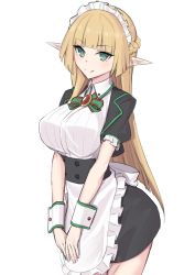 Rule 34 | 1girl, black dress, blonde hair, blunt bangs, blush, braid, breasts, brooch, closed mouth, dress, elf, elfenlied22, french braid, green eyes, highres, jewelry, large breasts, long hair, looking at viewer, maid headdress, original, pointy ears, puffy short sleeves, puffy sleeves, short sleeves, sidelocks, simple background, smile, thighs, tira (elfenlied22), white background, wrist cuffs