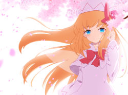 Rule 34 | 1girl, absurdres, arm at side, arm up, bad id, bad pixiv id, blonde hair, blue eyes, blurry, blurry foreground, blush, bow, bowtie, capelet, cherry blossoms, commentary request, depth of field, hair blowing, hair ribbon, hand in own hair, hat, highres, lavender dress, lavender headwear, lily white, long hair, long sleeves, looking at viewer, petals, red bow, red bowtie, ribbon, shikabane homura, smile, solo, standing, touhou, upper body, very long hair, white background, white hat, wind, wind lift