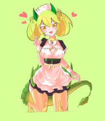 Rule 34 | 1girl, absurdres, apron, artist request, breasts, claw pose, dragon girl, duel monster, green background, green hair, heart, highres, horns, kneeling, long hair, looking at viewer, maid, maid apron, maid headdress, parlor dragonmaid, simple background, smile, twintails, yu-gi-oh!