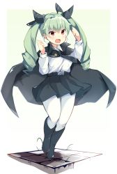 Rule 34 | 1girl, :d, anchovy (girls und panzer), anzio school uniform, belt, black belt, black cape, black footwear, black necktie, black ribbon, black skirt, boots, cape, clenched hands, commentary, dress shirt, drill hair, full body, girls und panzer, gradient background, green background, green hair, hair ribbon, highres, long hair, long sleeves, looking at viewer, miniskirt, necktie, open mouth, pantyhose, pleated skirt, red eyes, ribbon, rurisakura, school uniform, shadow, shirt, skirt, smile, solo, squatting, standing, standing on one leg, twin drills, twintails, w arms, white pantyhose, white shirt, wind