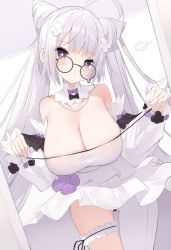 Rule 34 | 1girl, ahoge, bare shoulders, black panties, breasts, bridal garter, cisyo, cleavage, collarbone, commission, cone hair bun, cowboy shot, detached collar, double bun, dress, flower-shaped pupils, glasses, hair bun, hands up, head tilt, highres, jewelry, large breasts, leaning forward, light blush, long hair, looking at viewer, necklace, original, panties, purple eyes, round eyewear, single leg pantyhose, skeb commission, strap pull, symbol-shaped pupils, thigh gap, thigh strap, twintails, underwear, very long hair, virtual youtuber, white hair