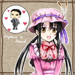 Rule 34 | angelica derleth, bad id, bad pixiv id, black hair, bonnet, frills, happy, hat, heart, howard phillips, ribbon, shikkoku no sharnoth, smile, steampunk (liarsoft), twintails, yellow eyes