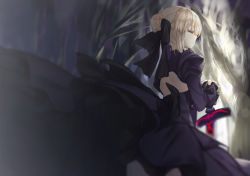 Rule 34 | 1girl, artoria pendragon (fate), bare tree, blonde hair, blurry, depth of field, excalibur morgan (fate), closed eyes, fate/grand order, fate (series), from behind, gothic lolita, hakuishi aoi, lolita fashion, long hair, pantyhose, saber (fate), saber alter, solo, tree