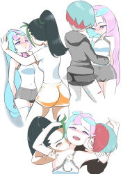 Rule 34 | 3girls, armpits, ass, black hair, blue hair, blush, creatures (company), eye contact, fff threesome, game freak, green hair, grey eyes, group sex, hand on another&#039;s chin, highres, hood, hoodie, iono (pokemon), kabedon, kissing cheek, kissing neck, long hair, looking at another, microsd (pibo), multicolored hair, multiple girls, multiple views, nemona (pokemon), nintendo, penny (pokemon), pink hair, pokemon, pokemon sv, ponytail, purple eyes, red hair, sharp teeth, shirt, short hair, shorts, simple background, smile, t-shirt, teeth, thighhighs, threesome, very long hair, white background, yellow eyes, yuri