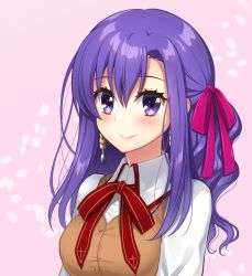 Rule 34 | 1girl, blush, closed mouth, earrings, fate/grand order, fate/stay night, fate (series), hair ribbon, homurahara academy school uniform, jewelry, long hair, looking at viewer, matou sakura, nakamura hinato, parvati (fate), pink background, pink ribbon, purple eyes, purple hair, red ribbon, ribbon, school uniform, smile, solo, star-shaped pupils, star (symbol), symbol-shaped pupils, upper body