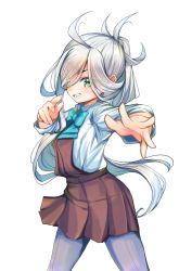 Rule 34 | 1girl, absurdres, ahoge, asashimo (kancolle), blue bow, blue bowtie, bow, bowtie, collared shirt, commentary request, cowboy shot, dress, dress shirt, foreshortening, grey eyes, grey pantyhose, hair over one eye, halterneck, highres, kantai collection, long hair, looking at viewer, pantyhose, ponytail, purple dress, school uniform, sharp teeth, shirt, simple background, solo, standing, teeth, white background, white hair, white shirt, yashin (yasinz)