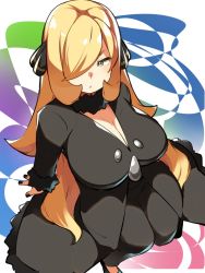Rule 34 | 1girl, :&lt;, arm support, black coat, black pants, black shirt, blonde hair, breasts, bright pupils, cleavage, coat, creatures (company), cynthia (pokemon), from above, fur collar, fur trim, game freak, grey eyes, hair ornament, hair over one eye, highres, knees together feet apart, large breasts, long hair, long sleeves, looking away, mituyota 76, multicolored background, nail polish, nintendo, no socks, pants, parted lips, pokemon, pokemon dppt, shirt, sitting, solo, thick eyebrows, very long hair, white pupils, zipper pull tab