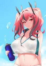 Rule 34 | 1girl, azur lane, bare shoulders, blue sky, blush, bottle, breasts, bremerton (azur lane), bremerton (scorching-hot training) (azur lane), cleavage, commentary, crop top, day, grey hair, hair between eyes, hair ornament, hairclip, highres, large breasts, long hair, looking at viewer, multicolored hair, pink eyes, pink hair, shirt, sky, sleeveless, sleeveless shirt, solo, sportswear, streaked hair, tennis uniform, toki to shishin, twintails, two-tone shirt, water bottle, water drop, x hair ornament