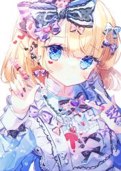 Rule 34 | 1girl, absurdres, apron, blonde hair, blue bow, blue dress, blue eyes, blush, bow, closed mouth, commentary request, dress, frilled apron, frills, grey bow, hair between eyes, hair bow, hair ornament, hairclip, highres, holding, holding syringe, kotamun, long sleeves, nail art, nail polish, original, polka dot, polka dot bow, puffy long sleeves, puffy sleeves, purple bow, simple background, solo, syringe, upper body, white apron, white background, x hair ornament