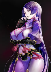 Rule 34 | 1girl, black gloves, blush, bodysuit, breasts, contrapposto, covered navel, cowboy shot, fate (series), fingerless gloves, gloves, highres, large breasts, long hair, minamoto no raikou (fate), parted lips, pelvic curtain, puffy sleeves, purple background, purple bodysuit, purple eyes, purple hair, solo, sparks, standing, tabard, taishi (picchiridou), tears, vambraces, very long hair